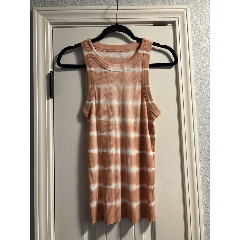 Aerie Tank Top Womens Small Peach White Tie Dye Ribbed Racerback Crew Neck